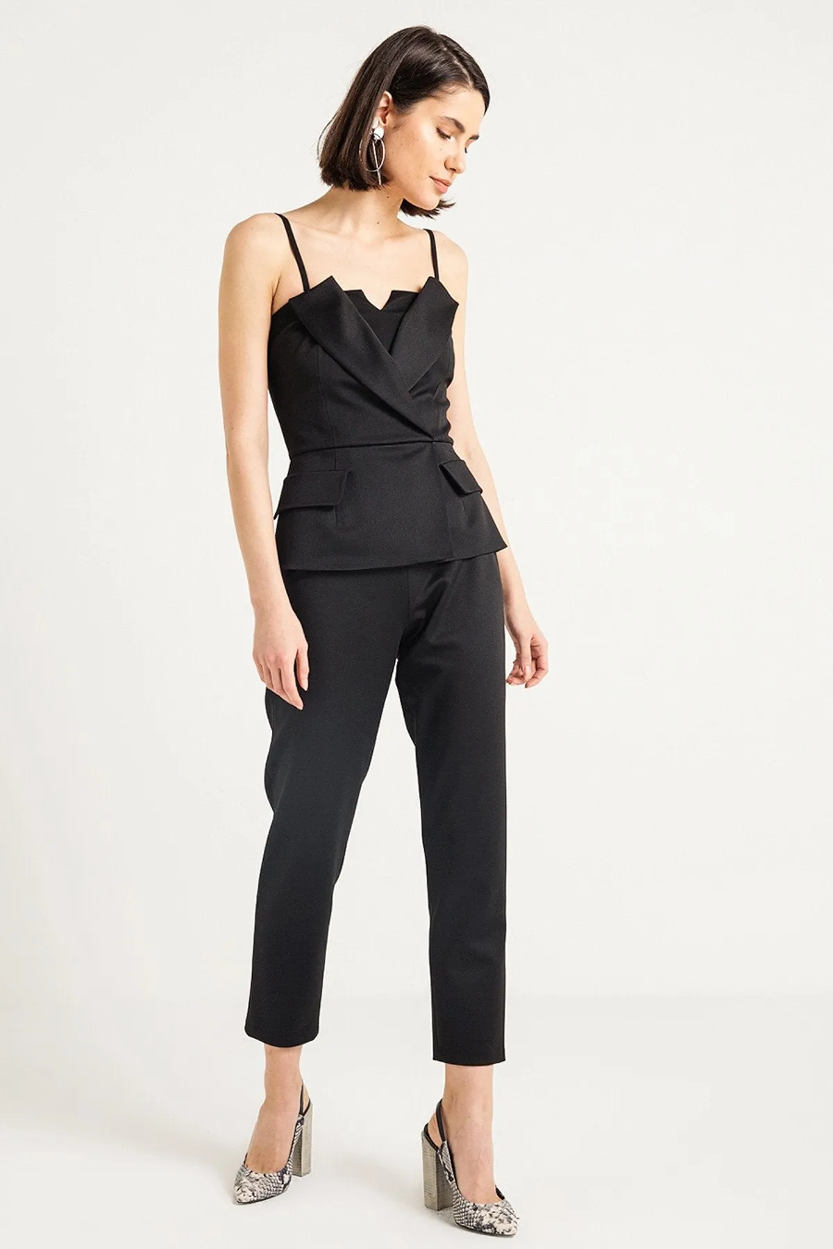 16184 Black Jacket Style Strap Jumpsuit