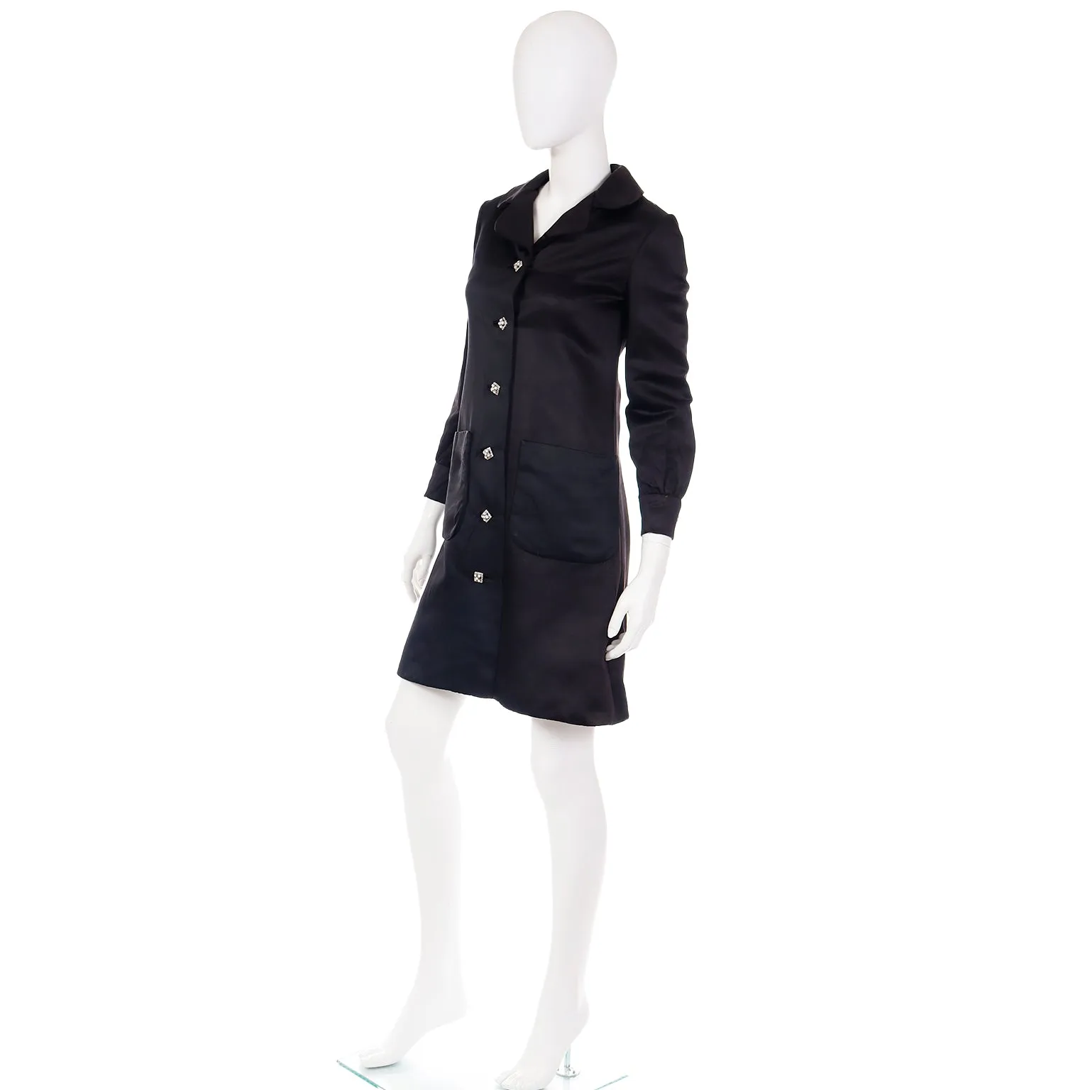 1960s Oscar de la Renta Black Satin Evening Coat w Rhinestone Butons