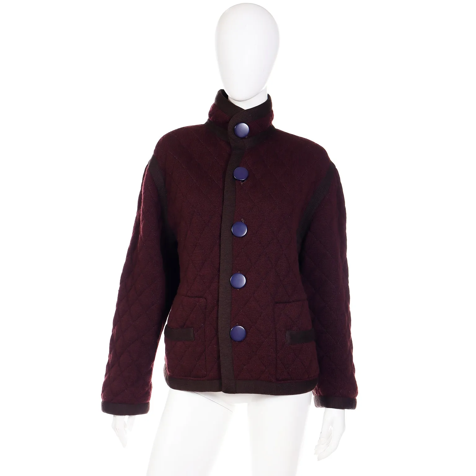 1980s Yves Saint Laurent Reversible Blue & Plum Purple Wool Quilted Jacket