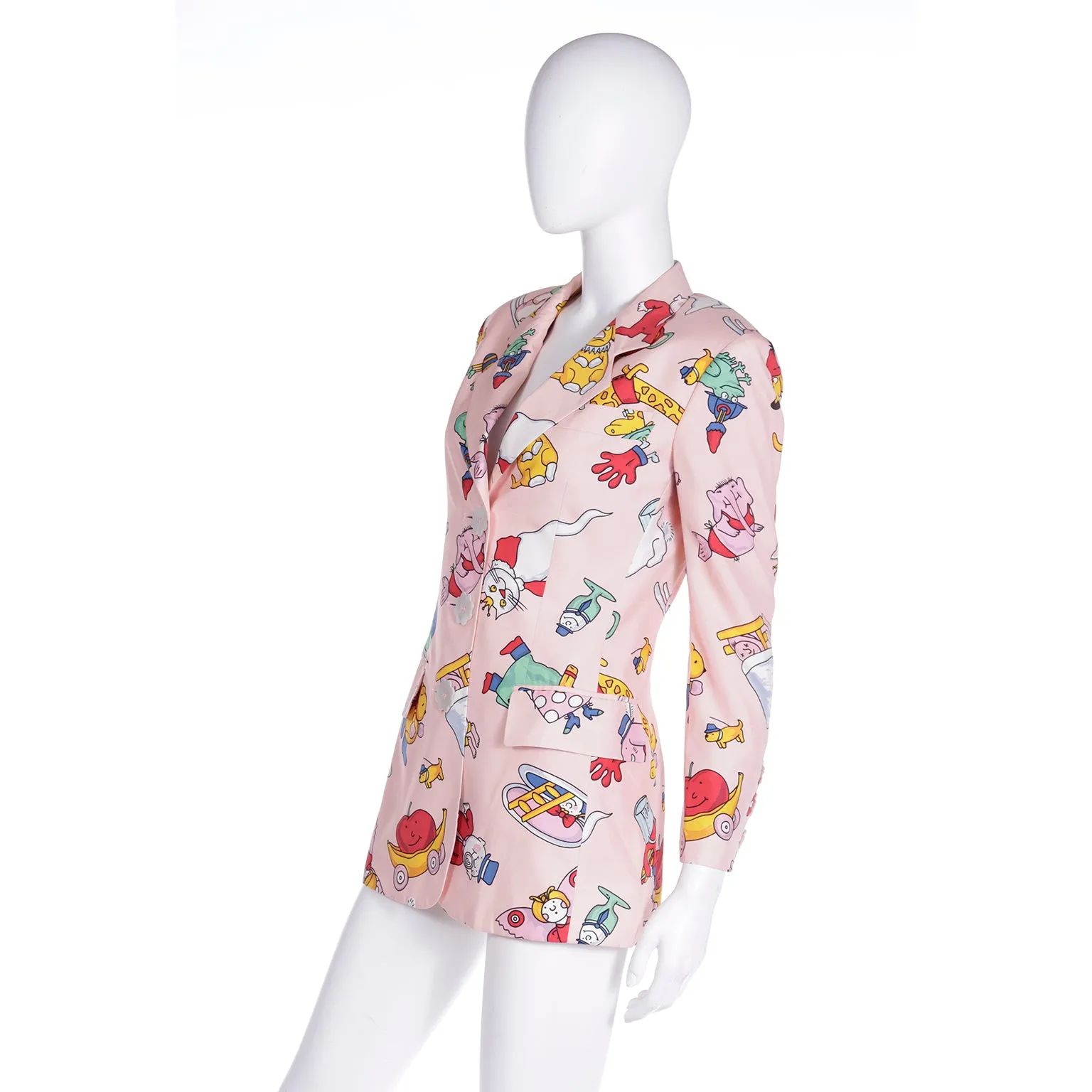 1990s Moschino Couture Pink Cartoon Character Longline Blazer Jacket