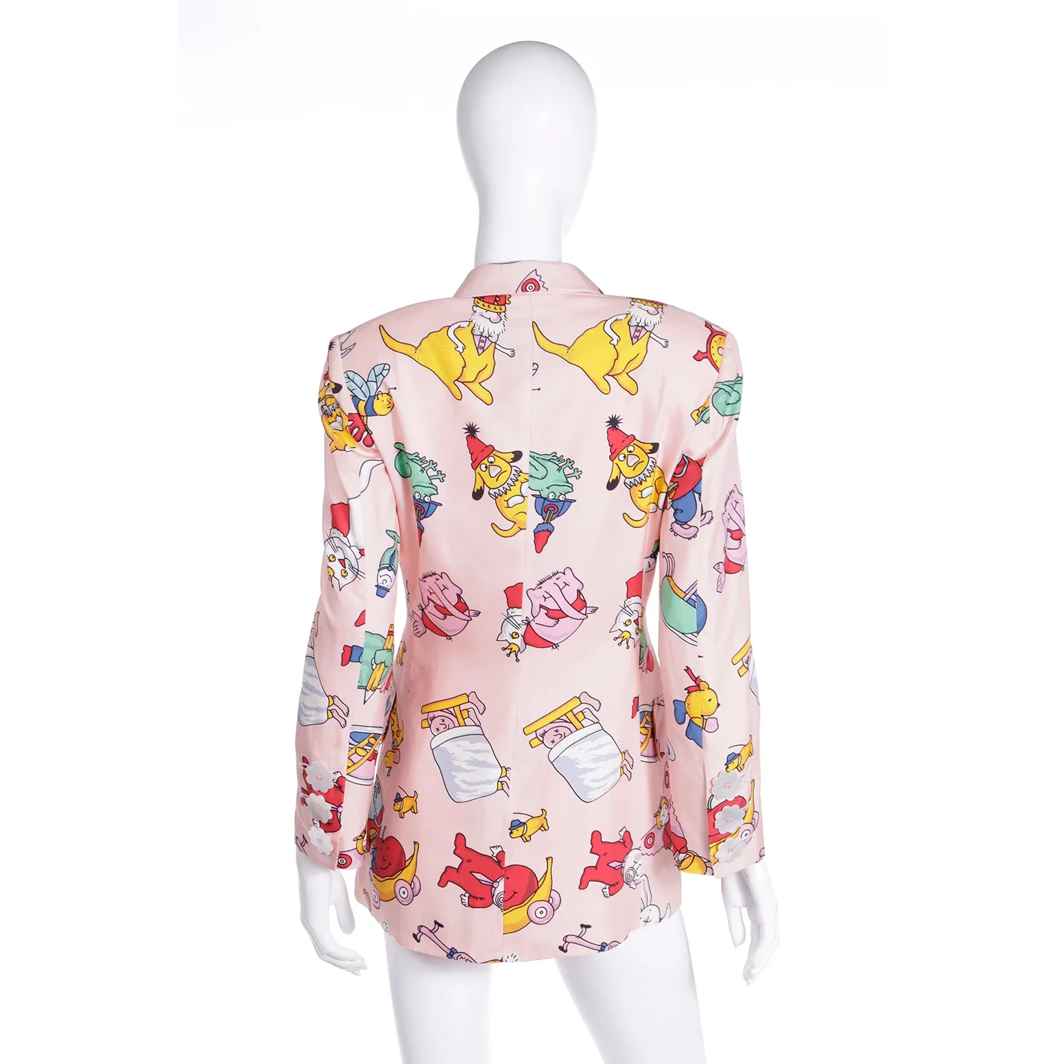 1990s Moschino Couture Pink Cartoon Character Longline Blazer Jacket