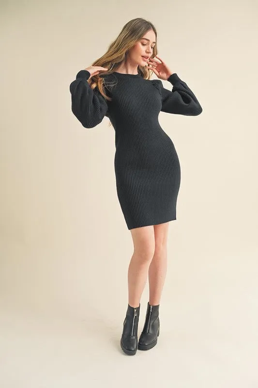 Amber Mock Neck Knit Sweater Dress: Black