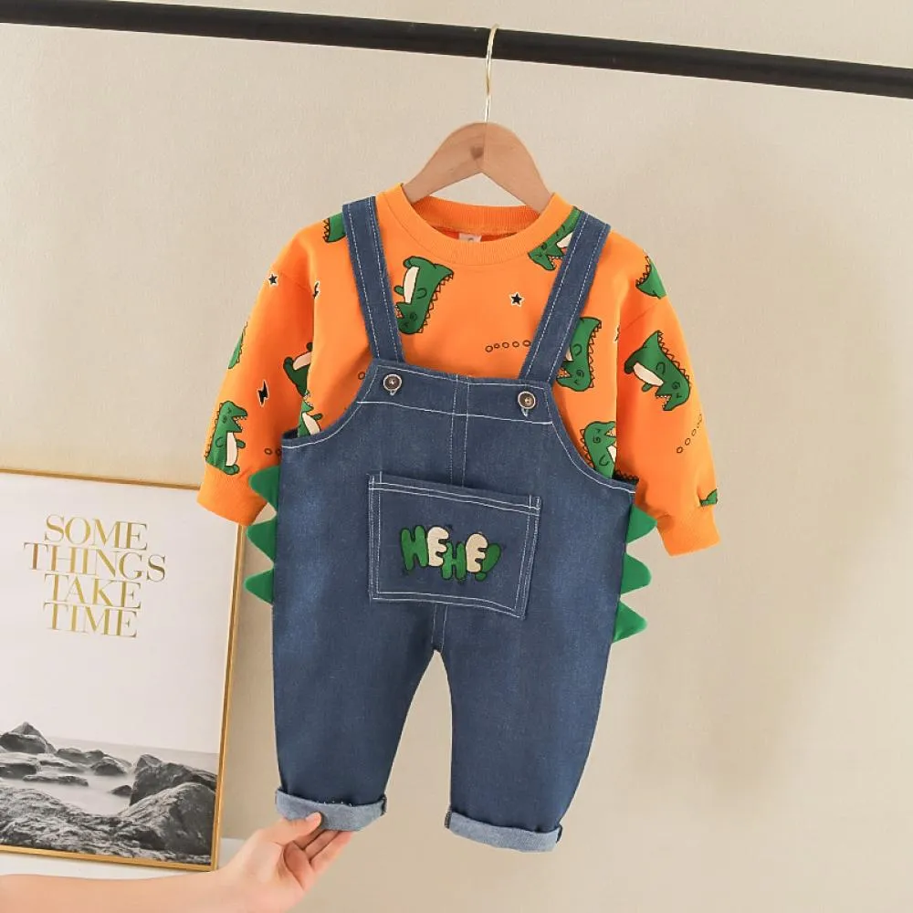 Autumn Overalls Western-style Baby Boys Cartoon Sweater Two-piece Set Wholesale Boys Clothes