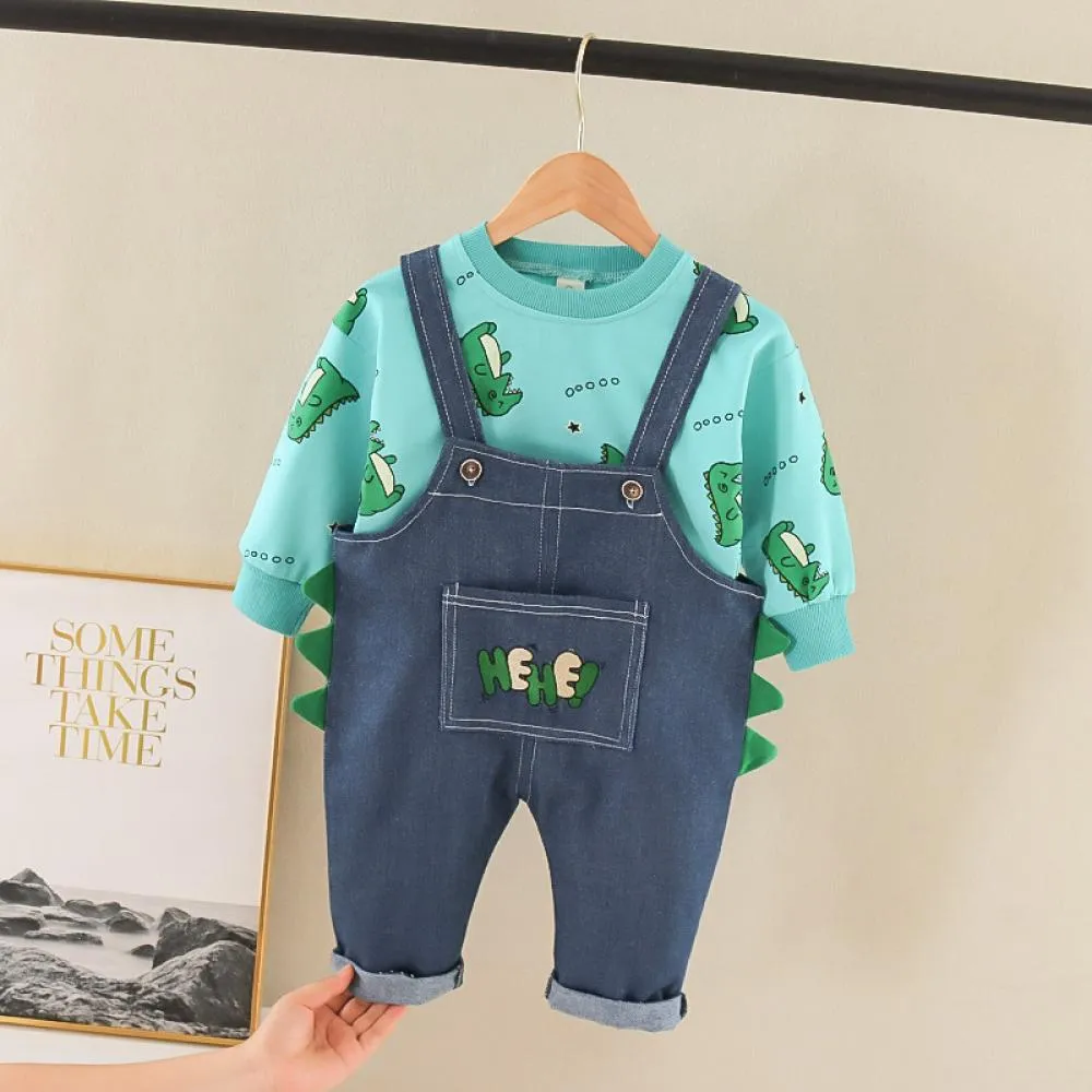 Autumn Overalls Western-style Baby Boys Cartoon Sweater Two-piece Set Wholesale Boys Clothes