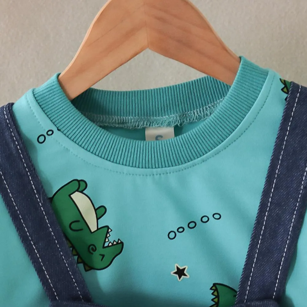 Autumn Overalls Western-style Baby Boys Cartoon Sweater Two-piece Set Wholesale Boys Clothes