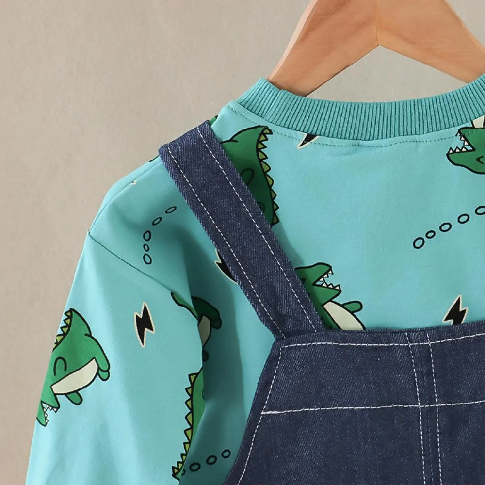 Autumn Overalls Western-style Baby Boys Cartoon Sweater Two-piece Set Wholesale Boys Clothes