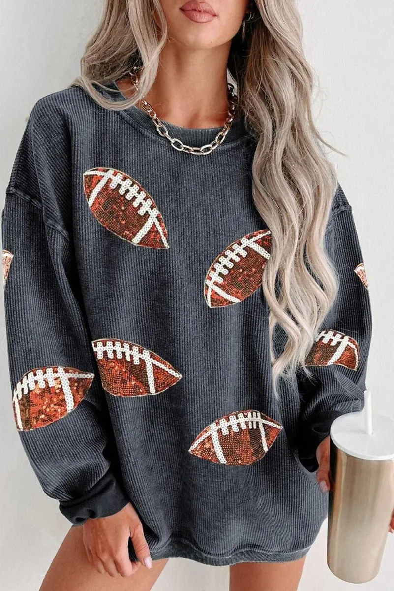 Baggy Gray Sequin Rugby Graphic Sweatshirt