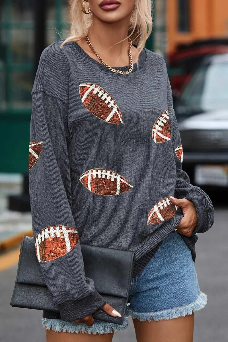 Baggy Gray Sequin Rugby Graphic Sweatshirt