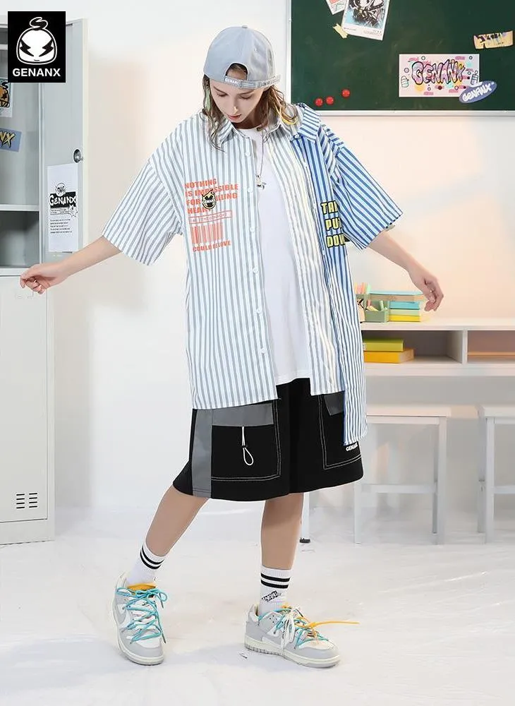 Black Color Block Reflective Stripes Pocket Shorts