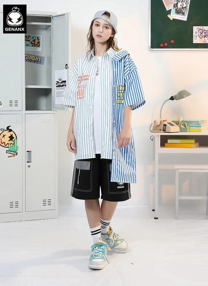 Black Color Block Reflective Stripes Pocket Shorts