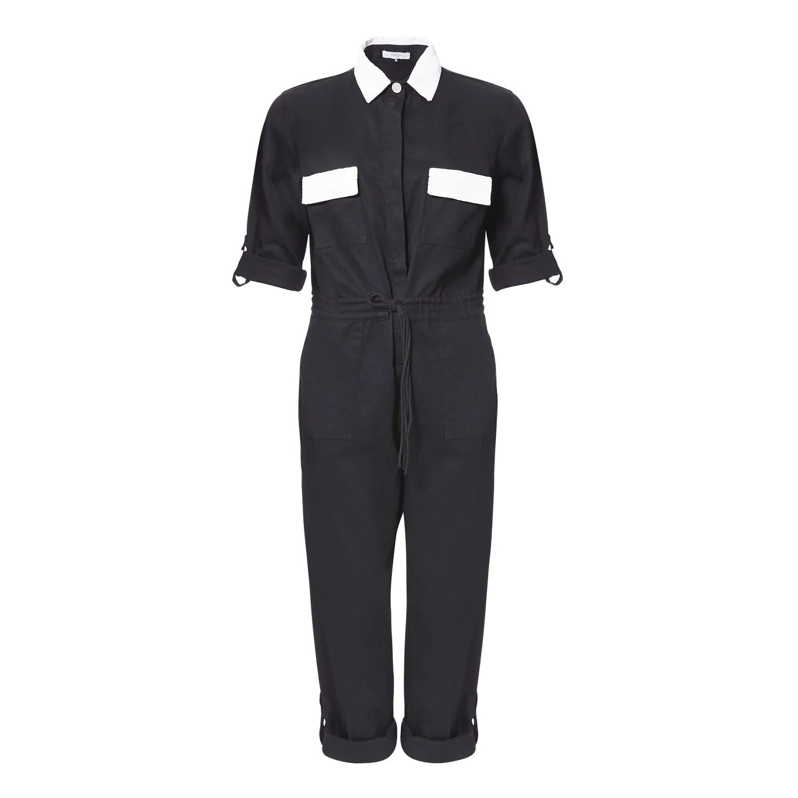 BLACK DENIM JUMPSUIT WITH WHITE BEADING