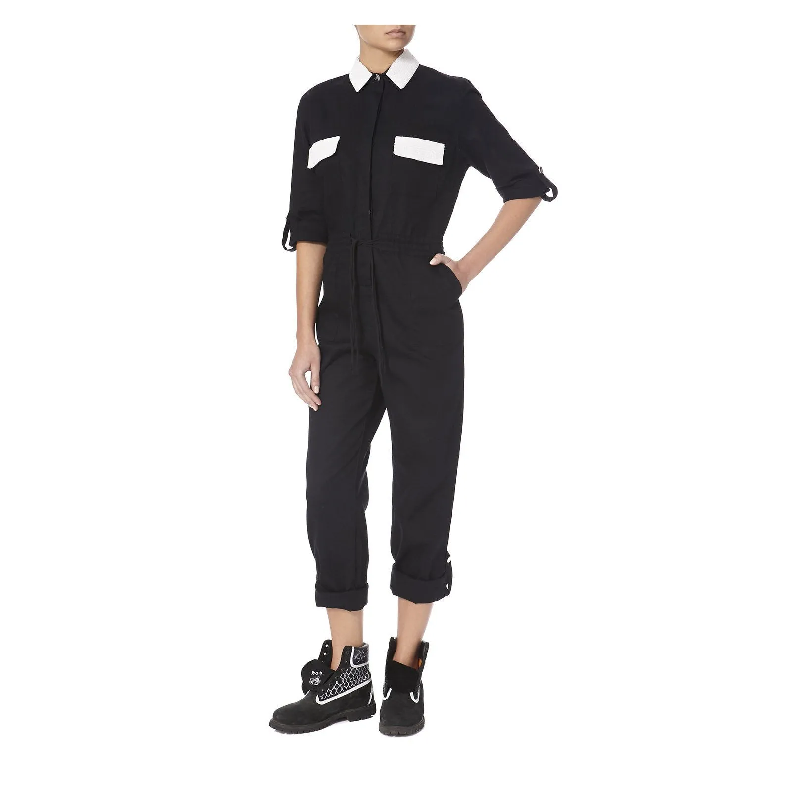 BLACK DENIM JUMPSUIT WITH WHITE BEADING