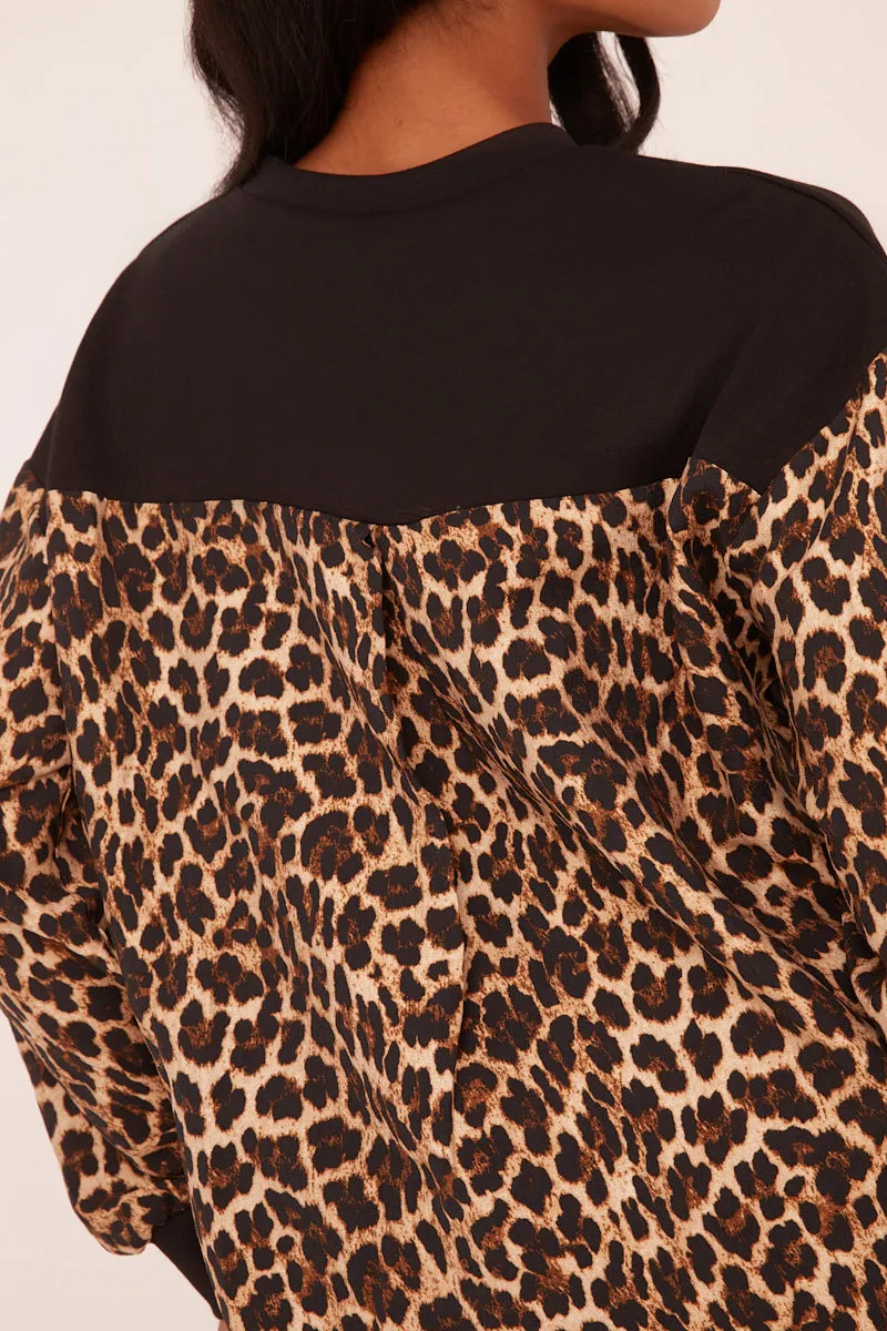 Black Leopard Print Long Sleeve Oversized Top - Anolah