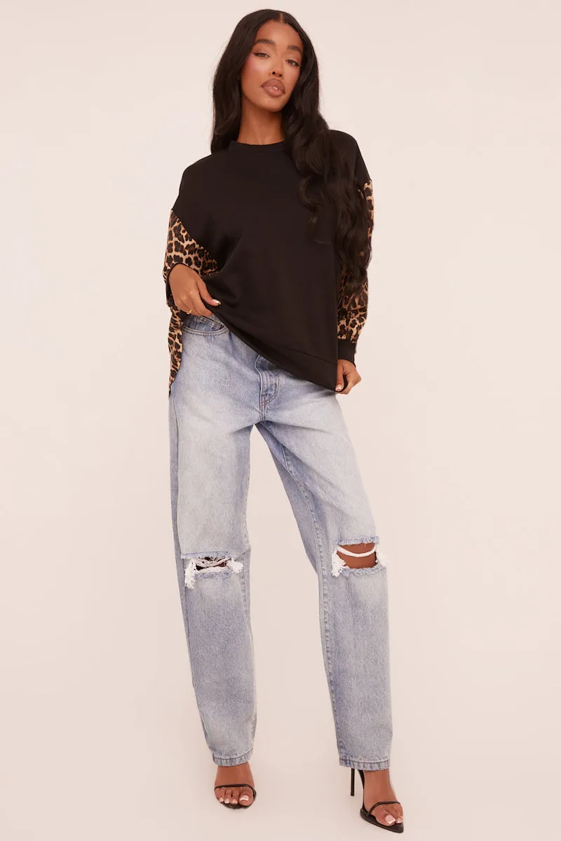 Black Leopard Print Long Sleeve Oversized Top - Anolah