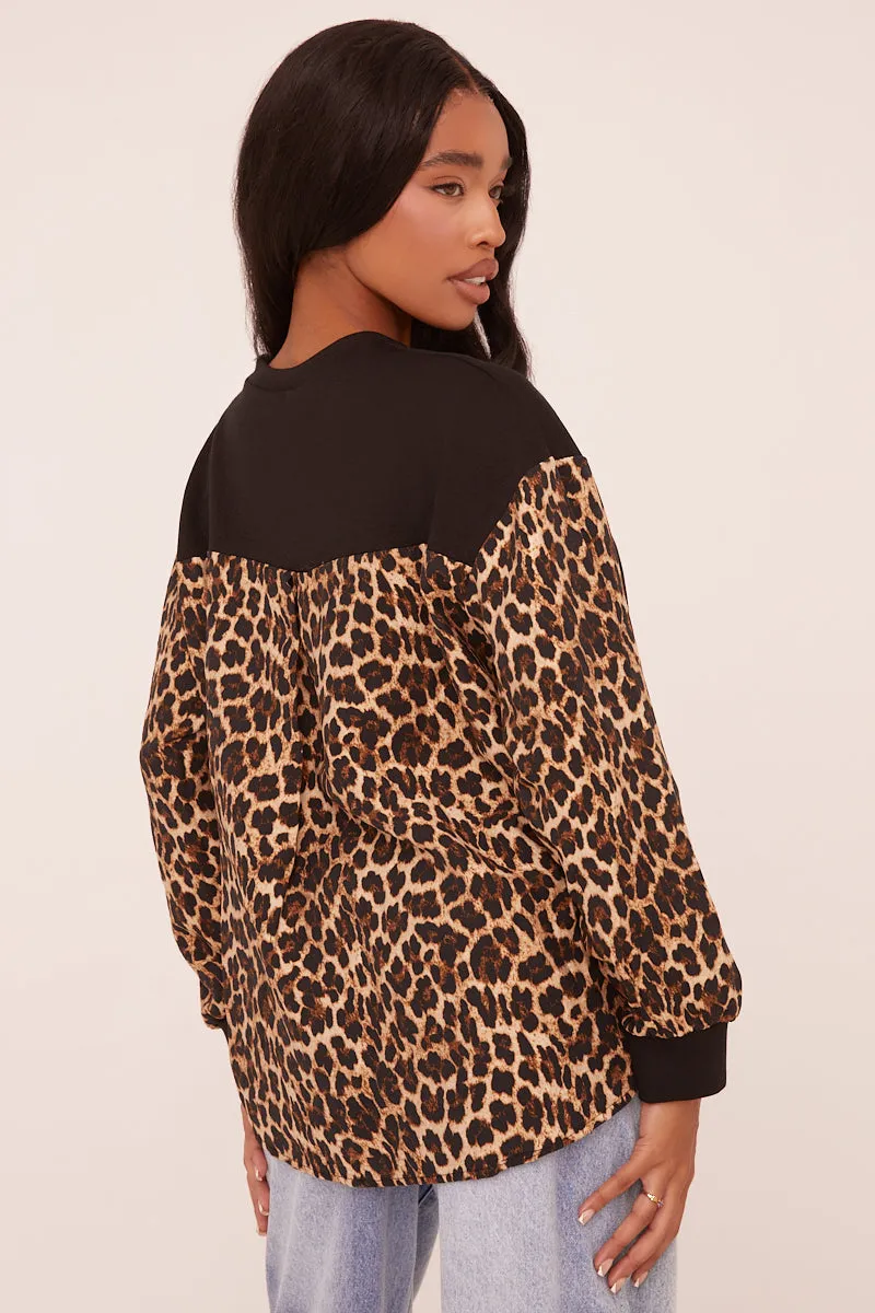 Black Leopard Print Long Sleeve Oversized Top - Anolah