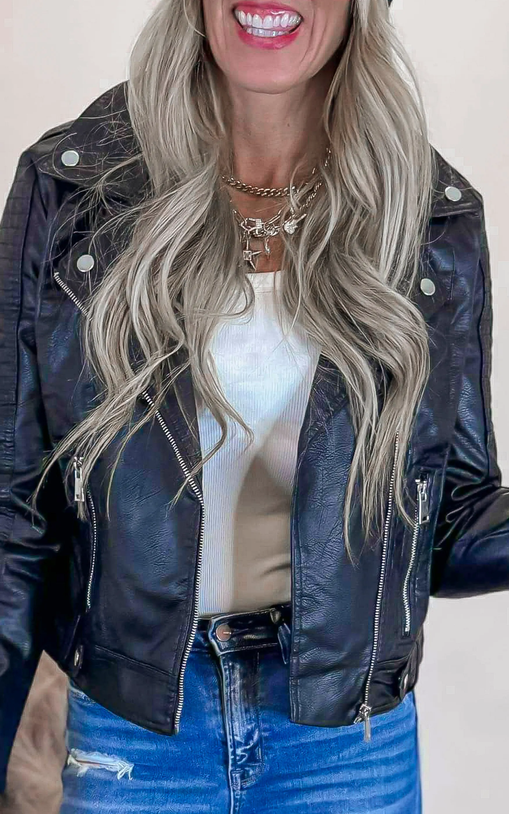 Black Textured Faux Leather Moto Jacket