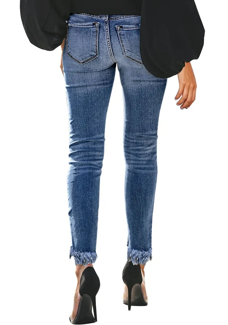 Blue Mid-Waist Raw Hem Ripped Cropped Denim Jeans