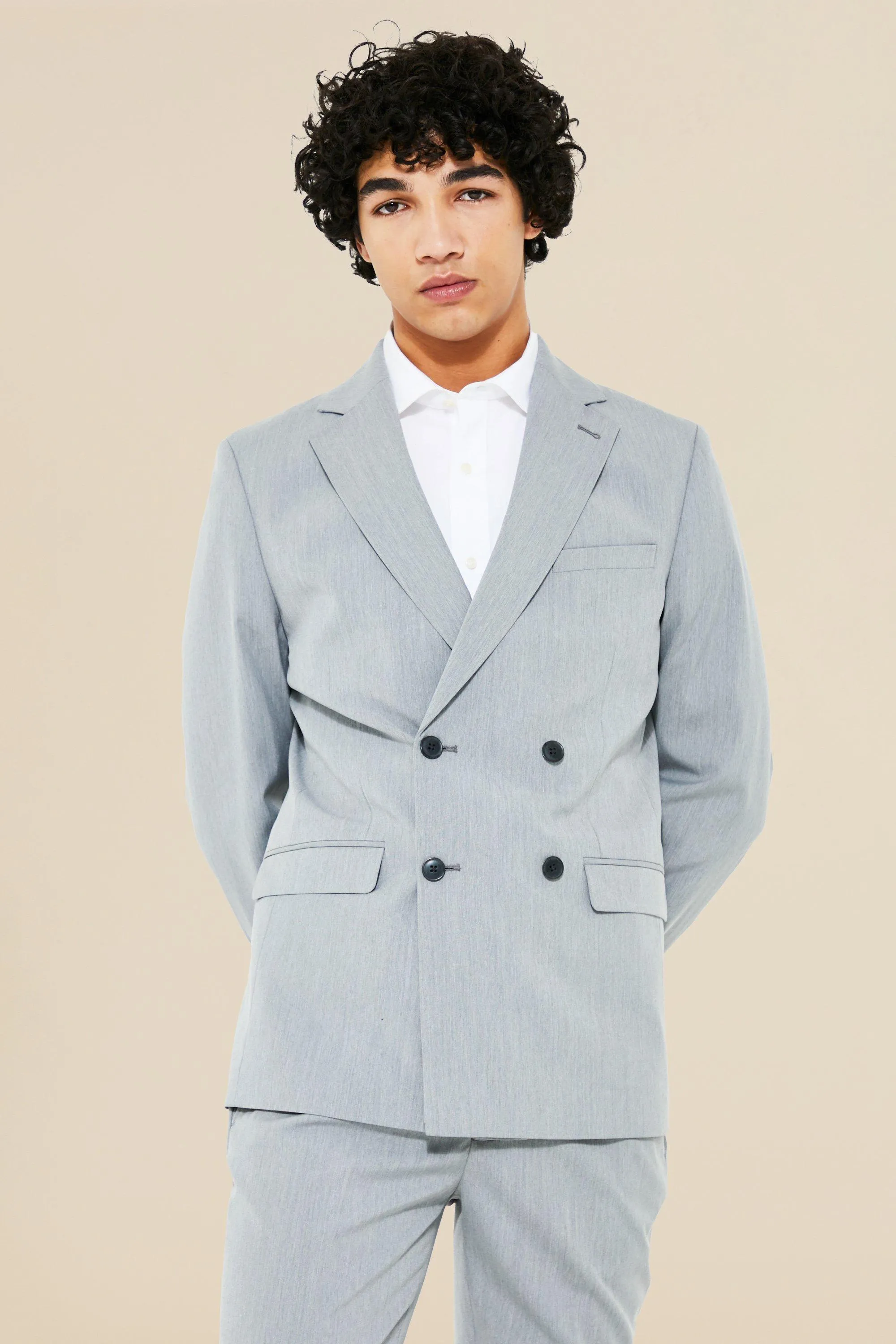 Boohoo Slim Double Breasted Suit Jacket, Gray