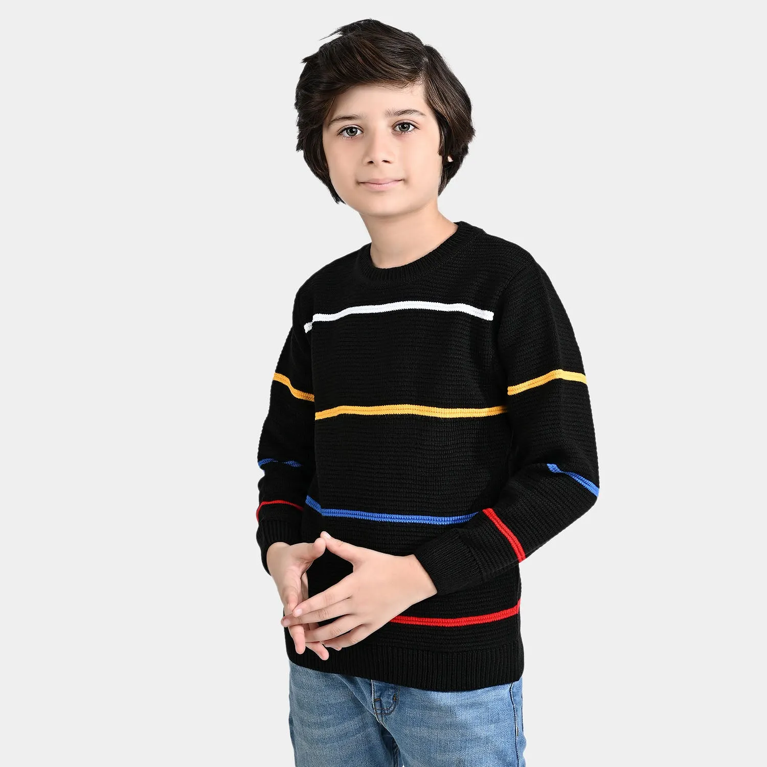 Boys Acrylic Sweater Multi Ottoman-BLACK