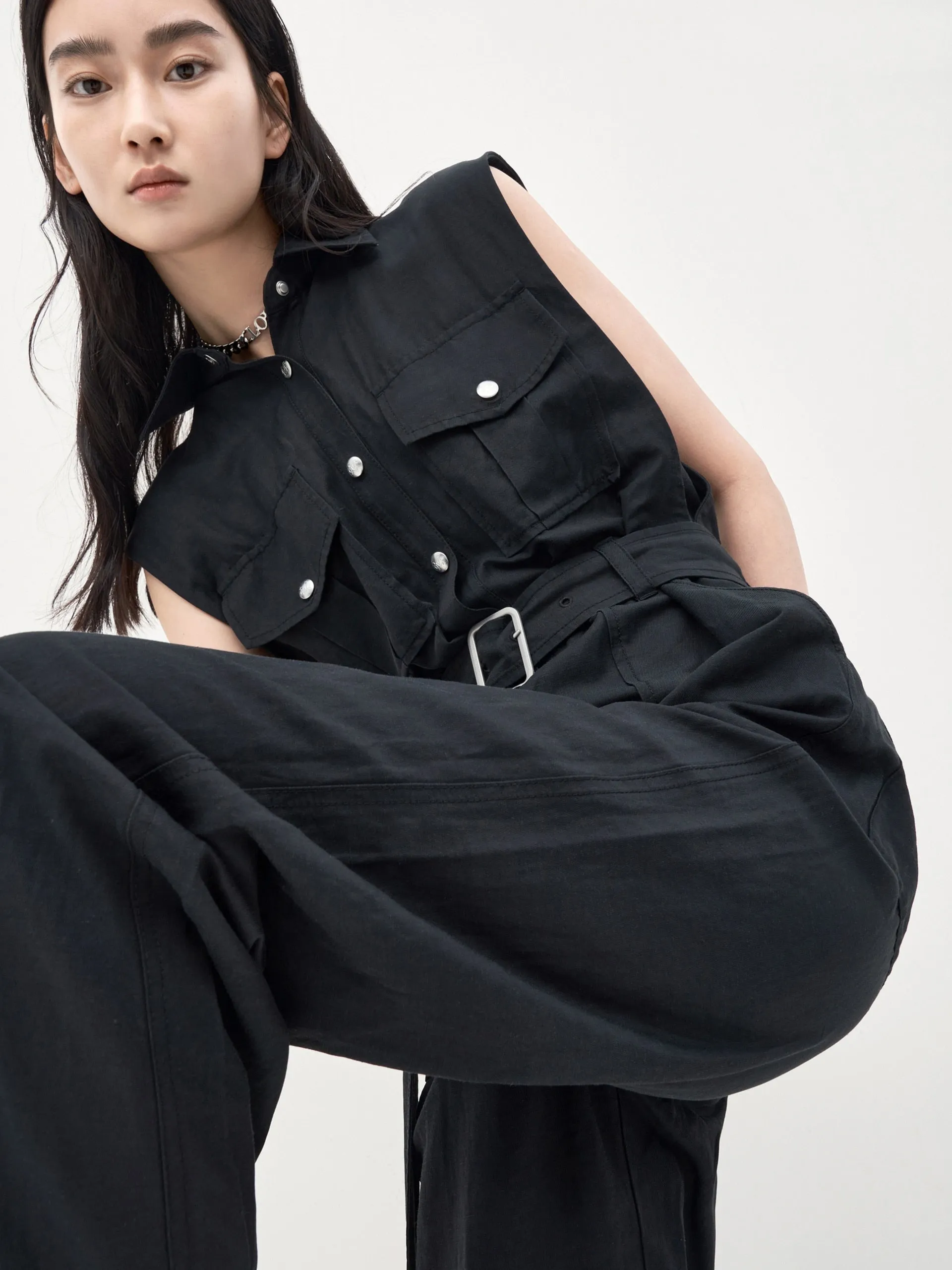 Button Up Sleeveless Cargo Style Overalls