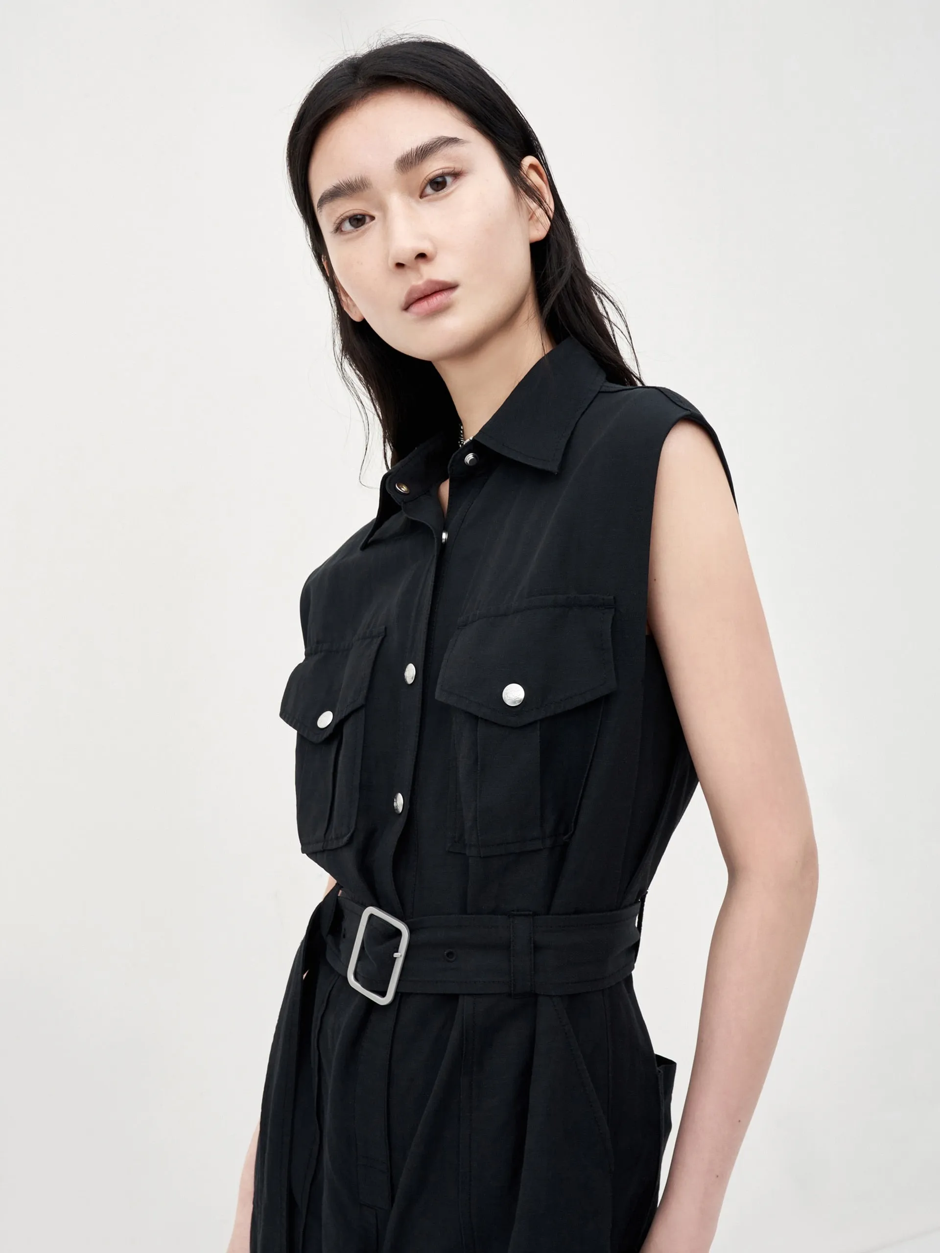 Button Up Sleeveless Cargo Style Overalls