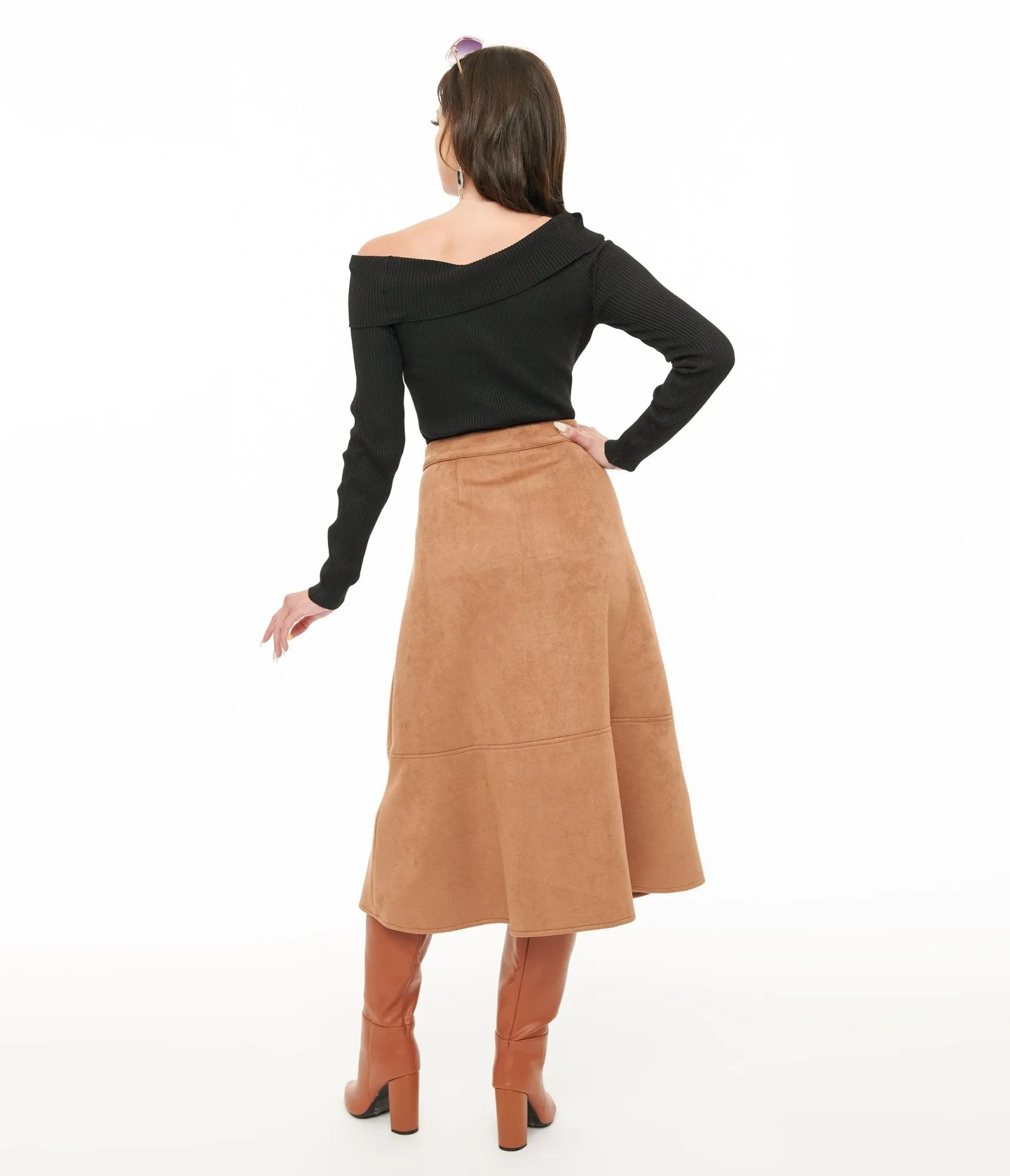 Camel Suede Button Up Midi Skirt