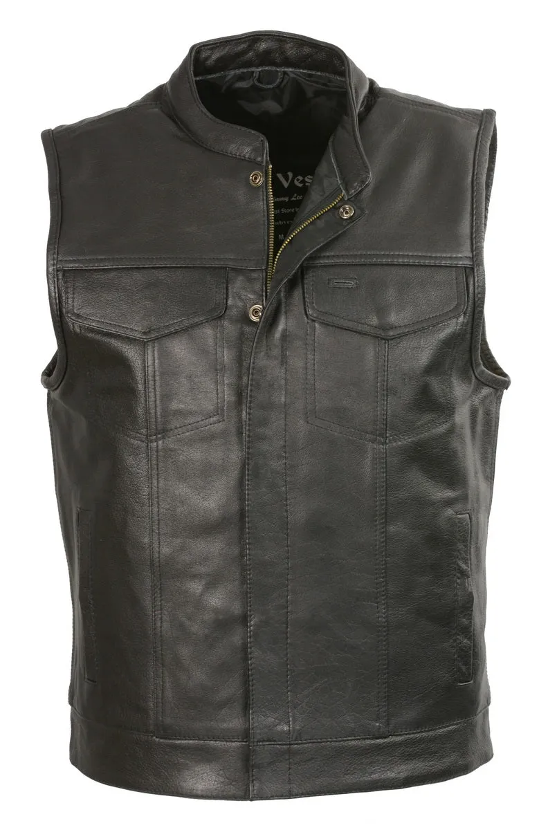 Club Vest CVM3710 Men’s Leather Black Open Neck Vest with Snap and Zip Front Closure