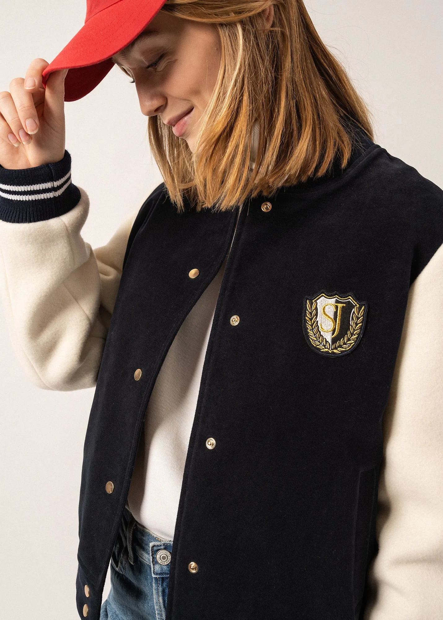 Collège Bomber-style Jacket - in wool fabric (NAVY/ECRU)