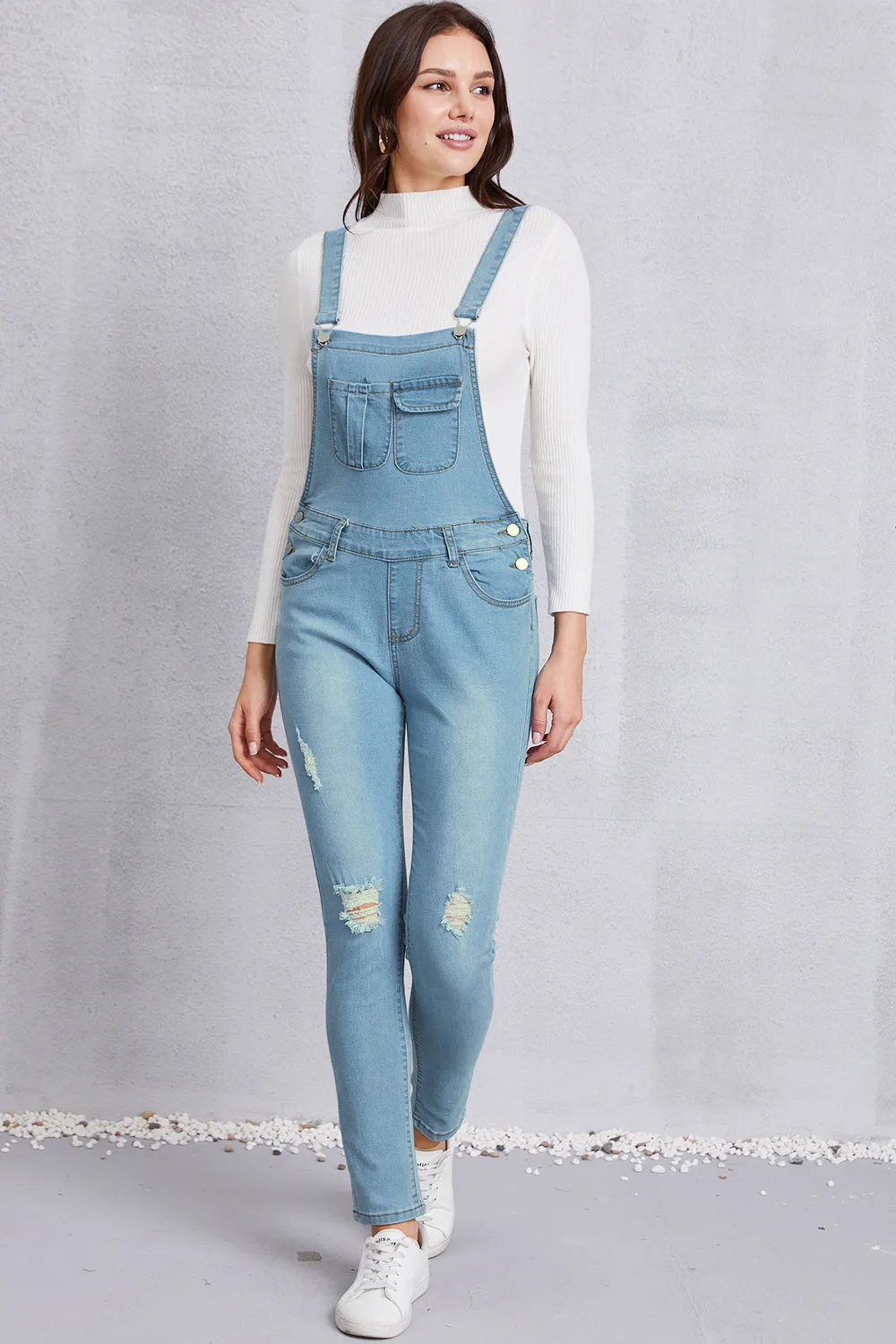 Distressed Washed Denim Overalls with Pockets