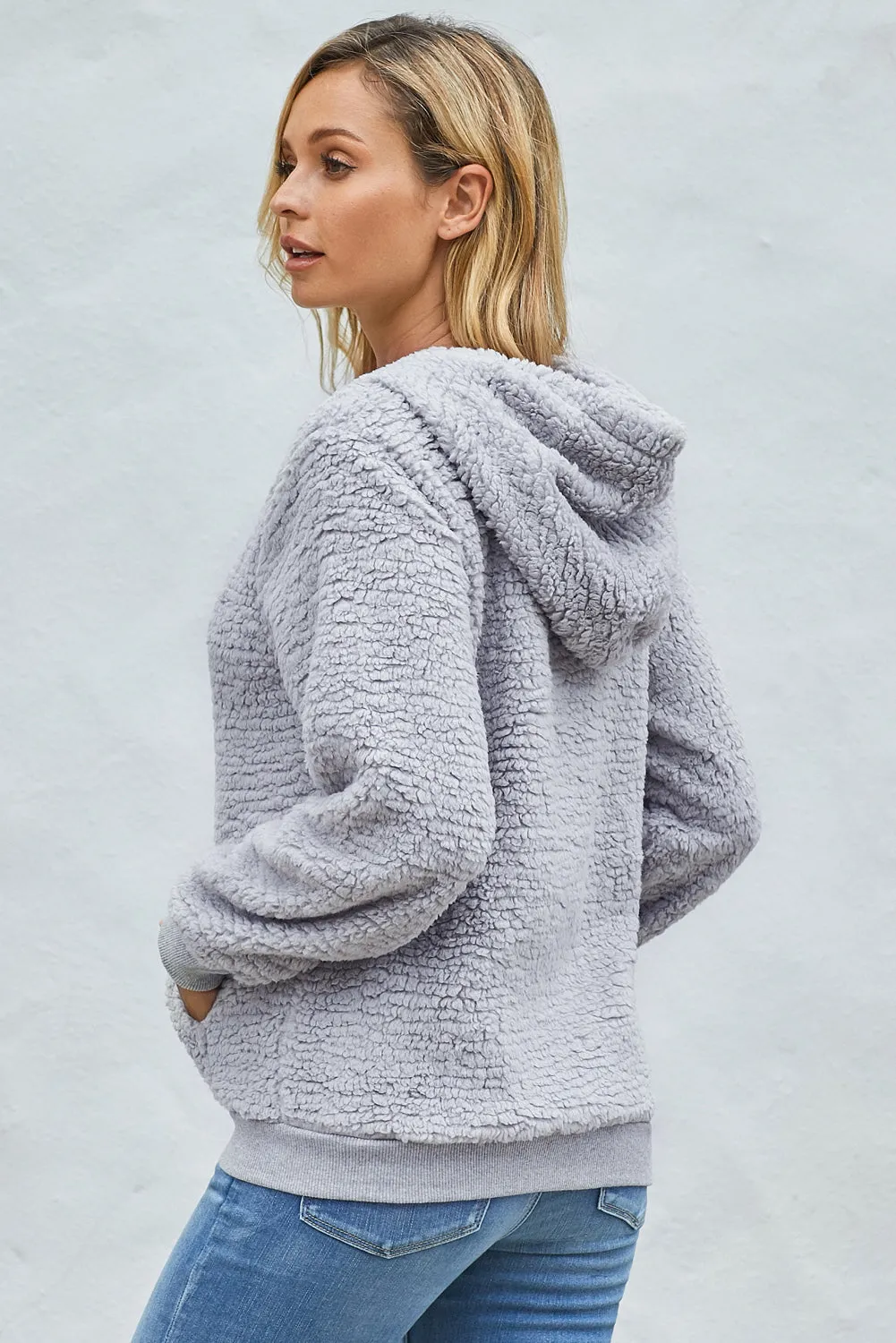 Drawstring Sherpa Hoodie with Pocket