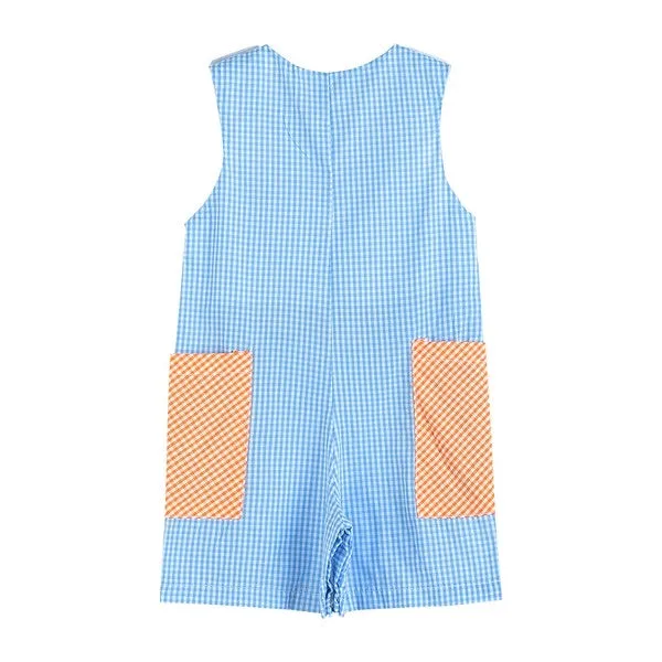 Easter Bunny & Wagon Gingham Pockets Embroidery Blue Jon Jon Romper