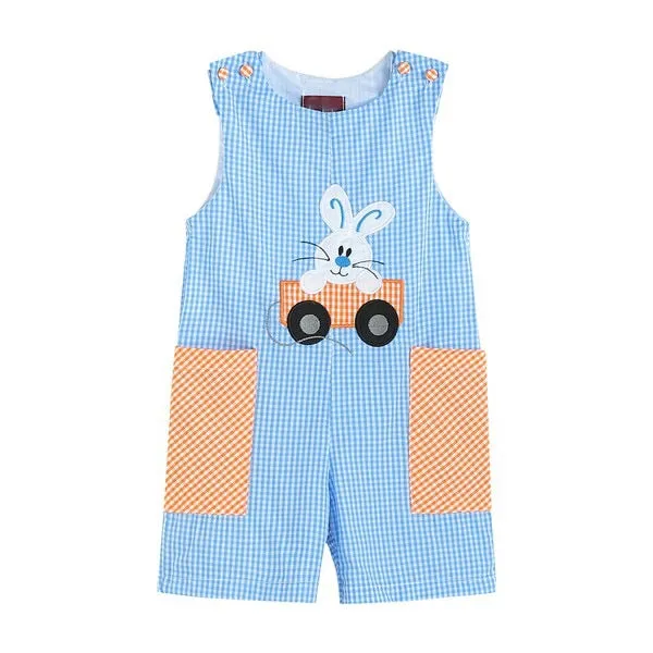 Easter Bunny & Wagon Gingham Pockets Embroidery Blue Jon Jon Romper