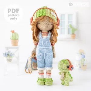 Friendy Sadie with Melody Dino from "AradiyaToys Friendies" collection, crochet doll pattern (Amigurumi tutorial PDF file), denim overalls