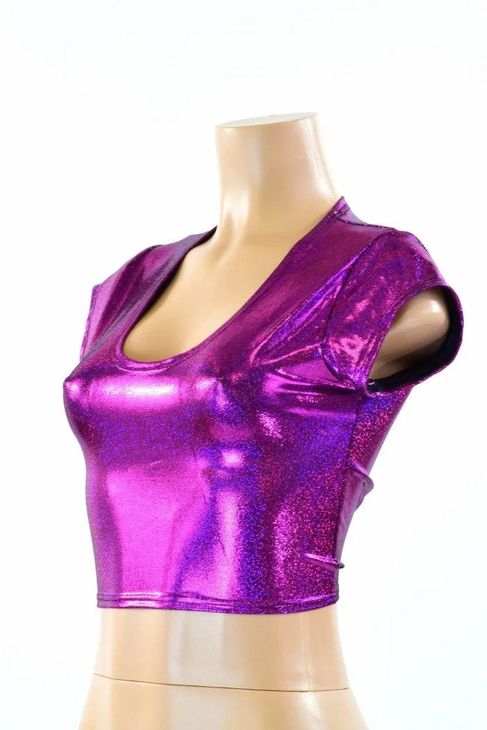 Fuchsia Sparkly Jewel Cap Sleeve Crop Top