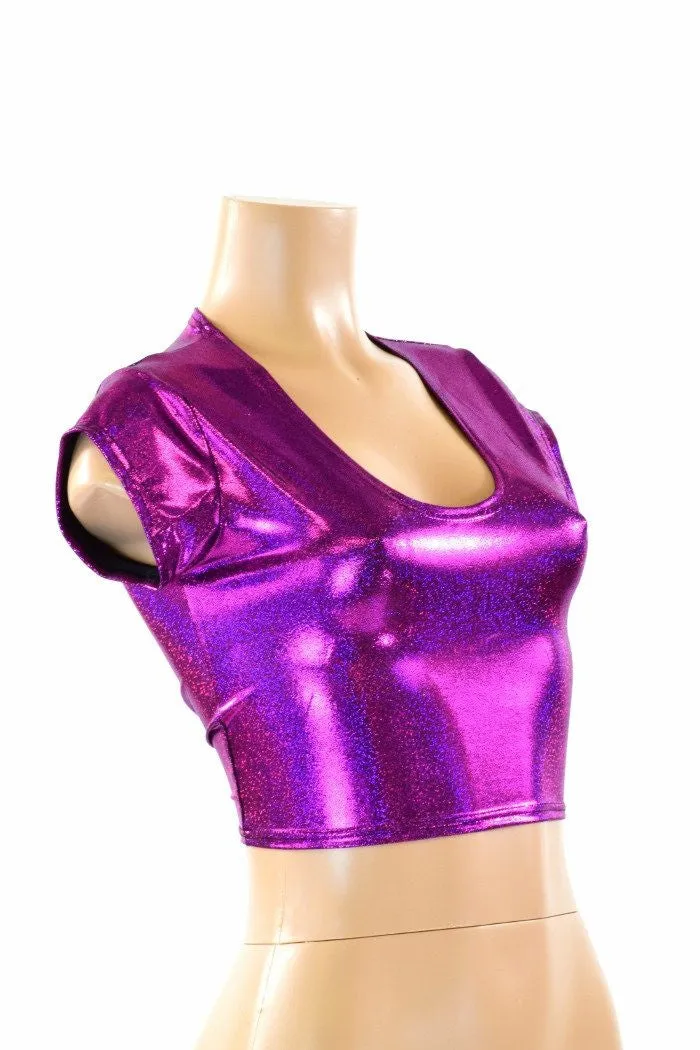 Fuchsia Sparkly Jewel Cap Sleeve Crop Top