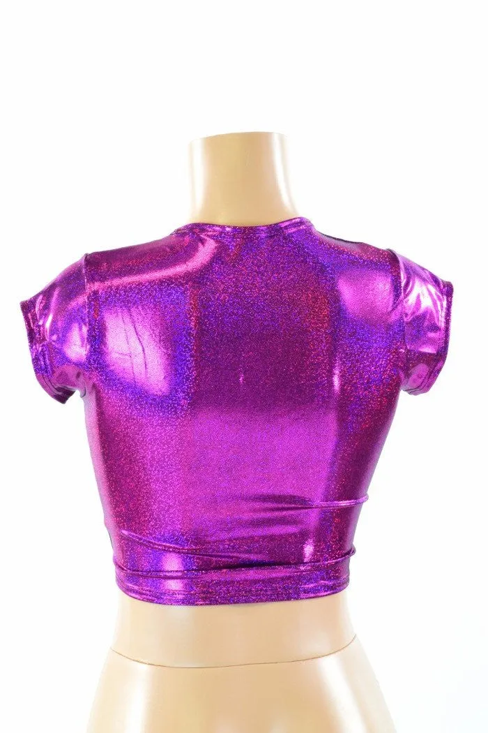 Fuchsia Sparkly Jewel Cap Sleeve Crop Top