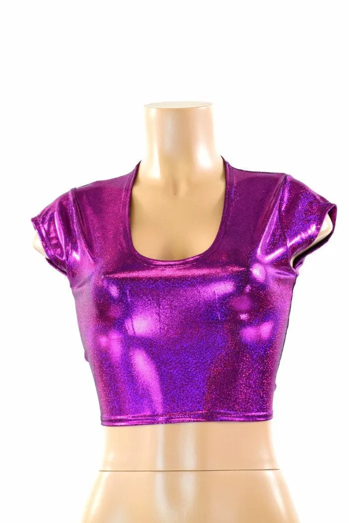 Fuchsia Sparkly Jewel Cap Sleeve Crop Top