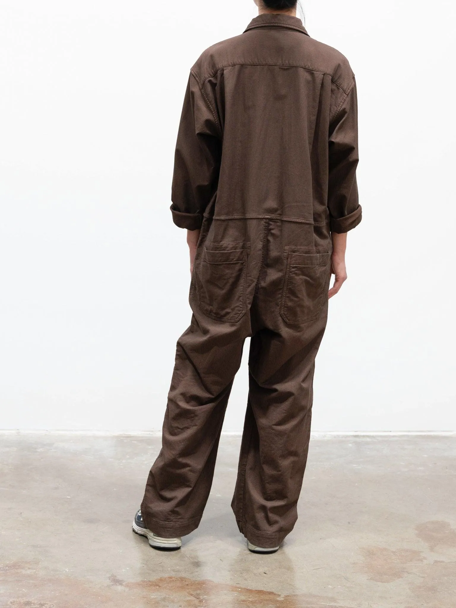 Garment Dyed Stripe Stretch Baggy Jumpsuit - Brown