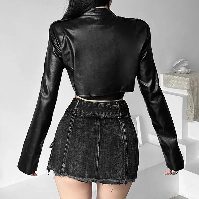 Girlary Goth Dark Zipper Cyber Gothic Y2k Crop Jackets Grunge Punk Style Faux Leather Coats Female Fashion Streetwear Irregular Hem Coat