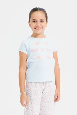 Girls Blue Sequins Embellished T-Shirt