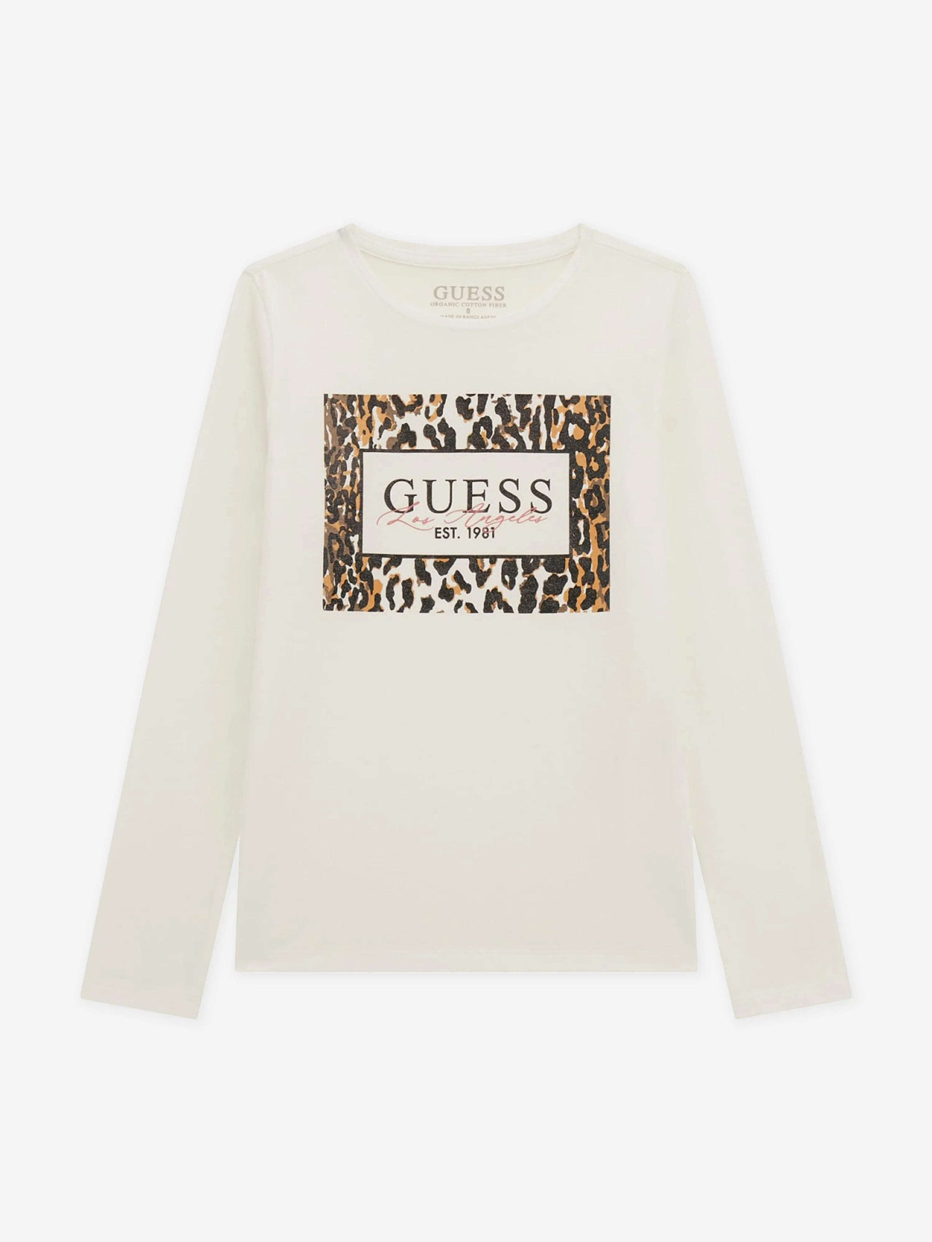 Guess Girls Long Sleeve Glitter Logo T-Shirt in White