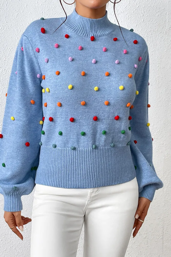 HUNTIQUE | Blue | Colorful Pom Knit Puff Sweater