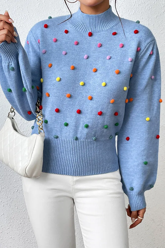 HUNTIQUE | Blue | Colorful Pom Knit Puff Sweater