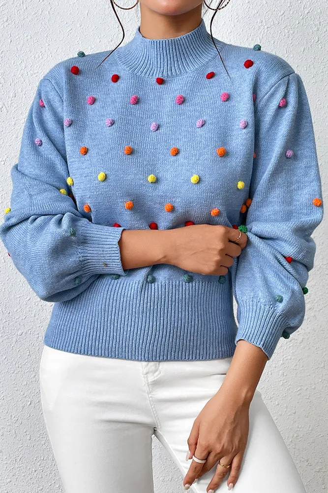 HUNTIQUE | Blue | Colorful Pom Knit Puff Sweater