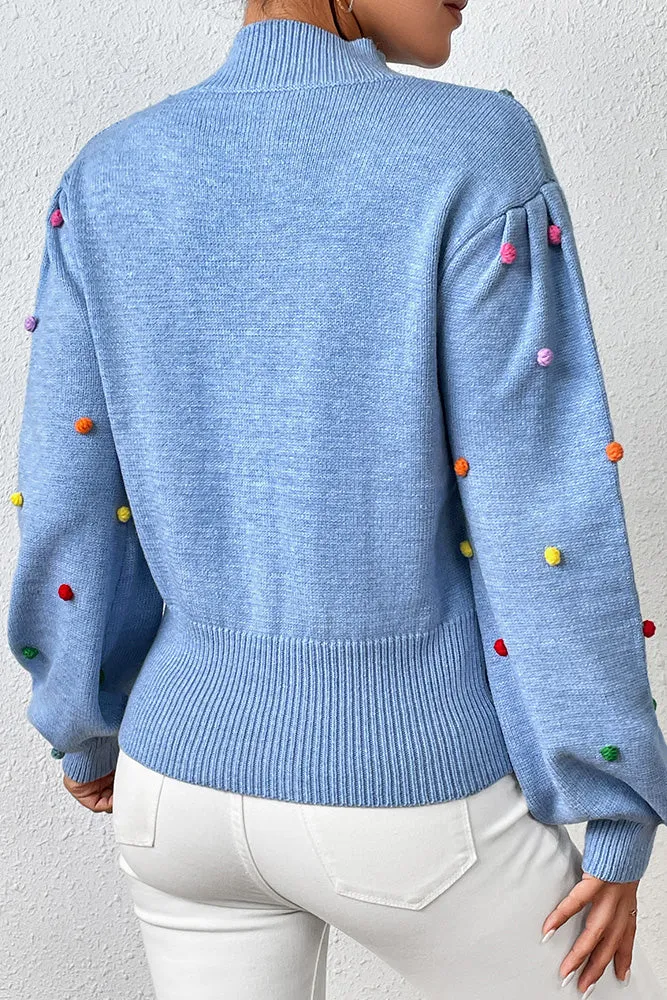 HUNTIQUE | Blue | Colorful Pom Knit Puff Sweater