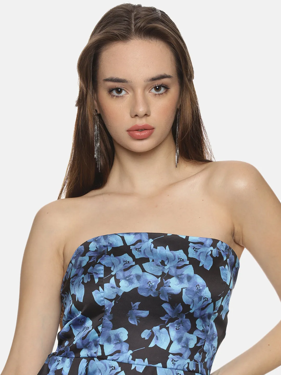 IS.U Floral Blue Flared Bandeau Top