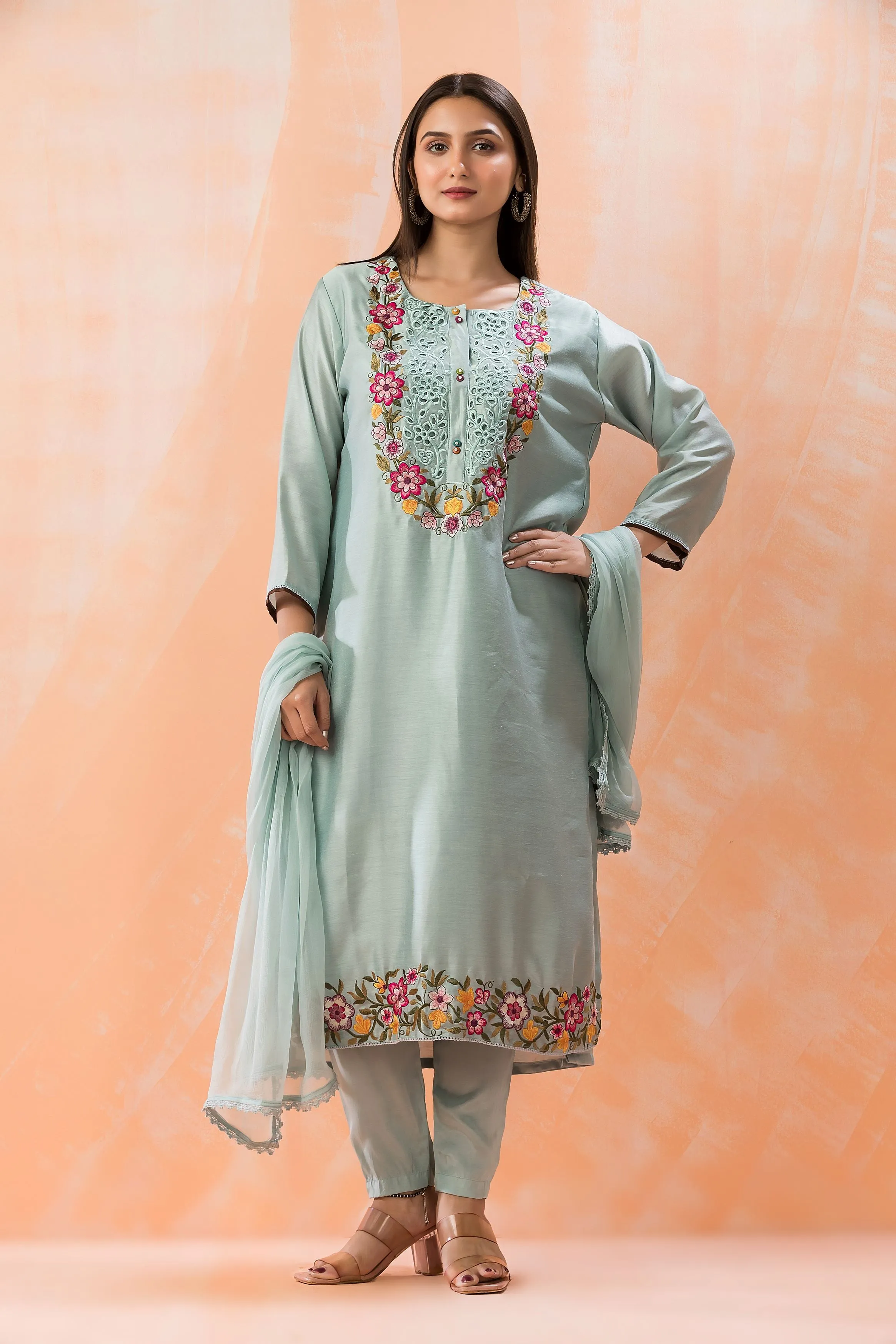 Light Teal Embroidered Pure Silk Pants Set