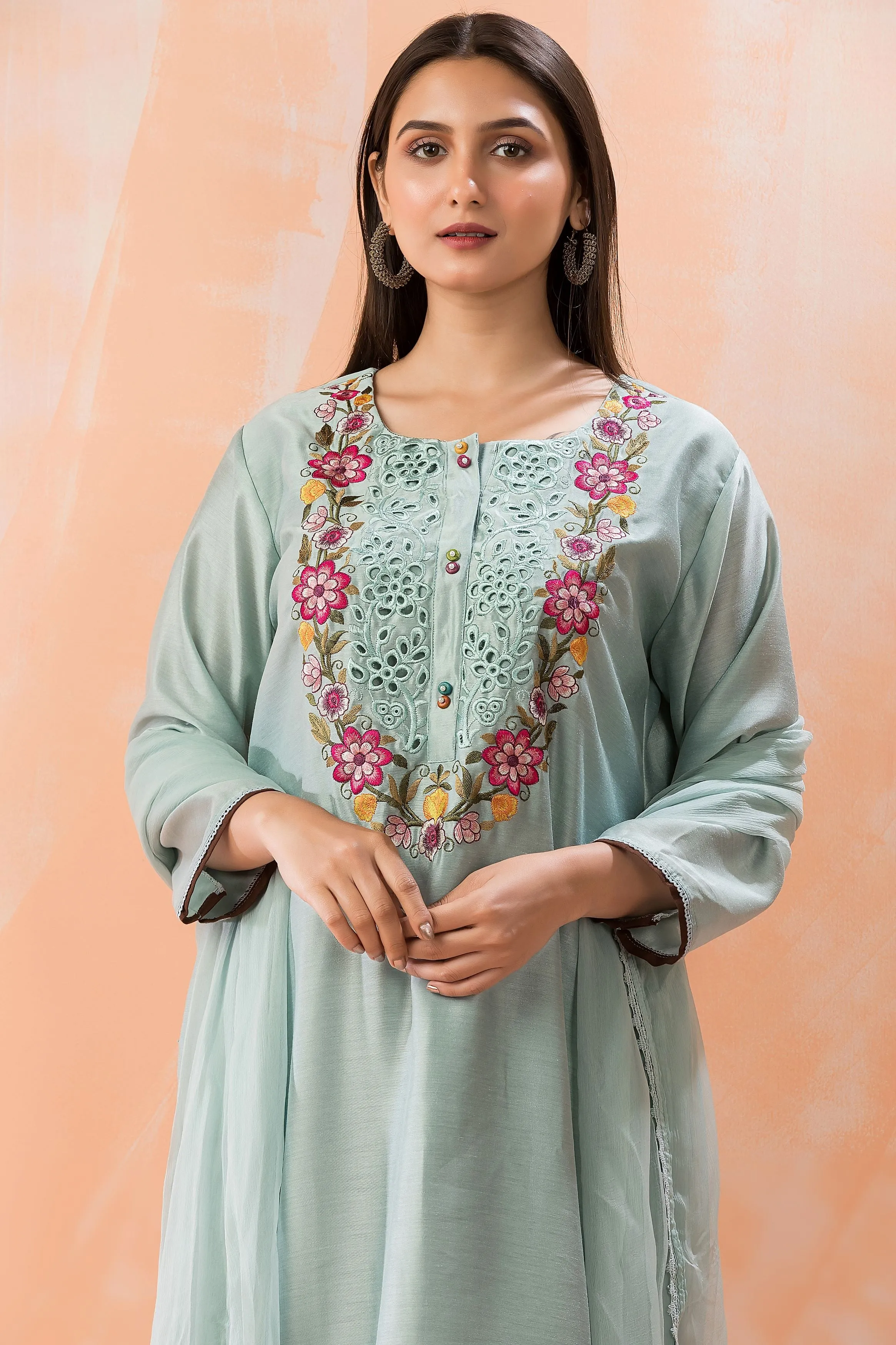 Light Teal Embroidered Pure Silk Pants Set