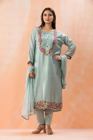 Light Teal Embroidered Pure Silk Pants Set