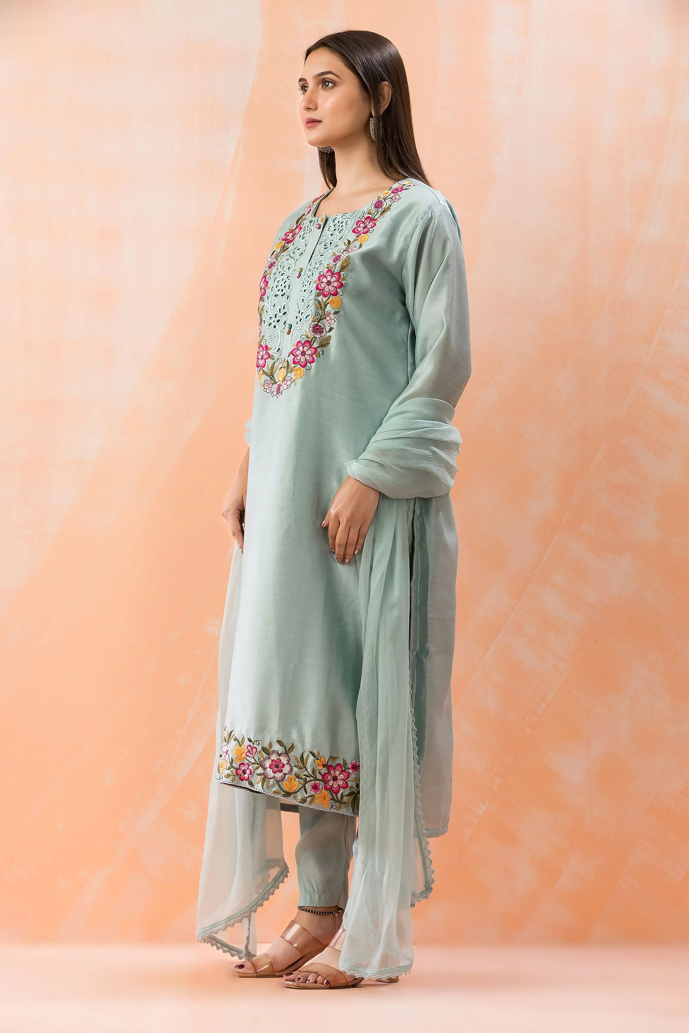 Light Teal Embroidered Pure Silk Pants Set